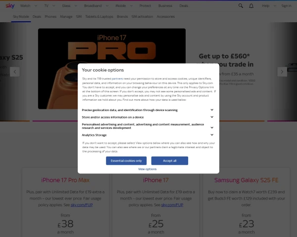 screenshot of Sky Mobile website