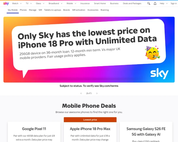 screenshot of Sky Mobile website