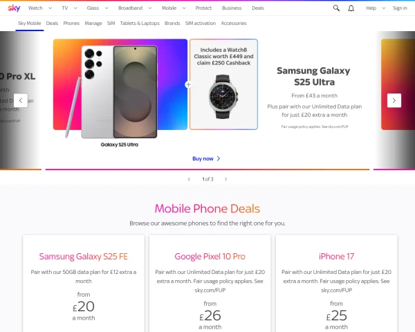 screenshot of Sky Mobile website