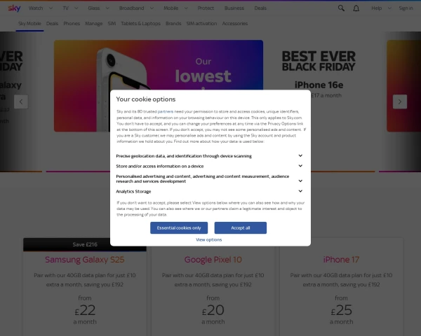 screenshot of Sky Mobile website