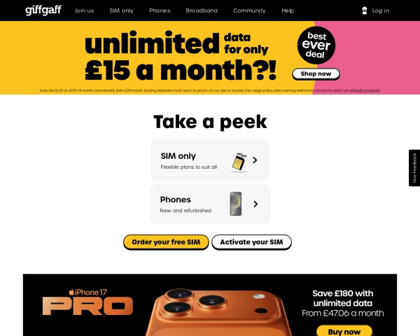 screenshot of giffgaff website