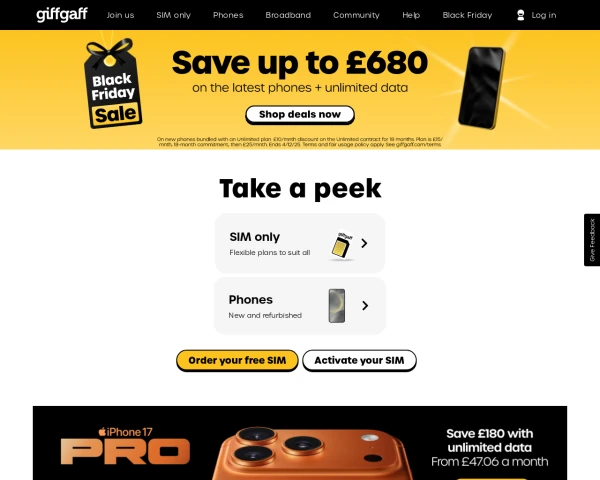 screenshot of giffgaff website