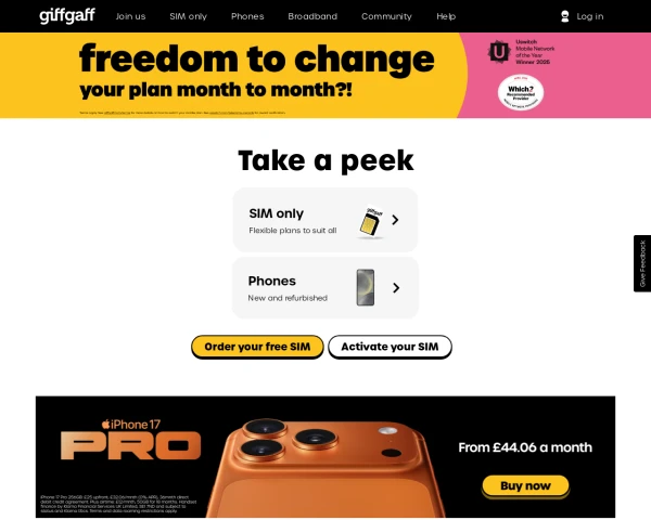 screenshot of giffgaff website