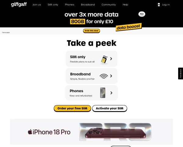 screenshot of giffgaff website