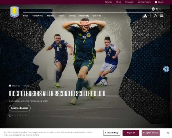screenshot of Aston Villa FC website