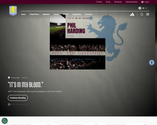 screenshot of Aston Villa FC website
