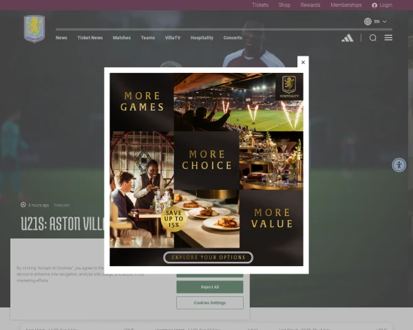 screenshot of Aston Villa FC website