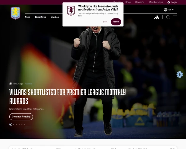 screenshot of Aston Villa FC website