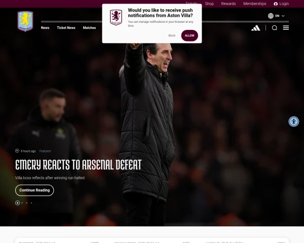screenshot of Aston Villa FC website