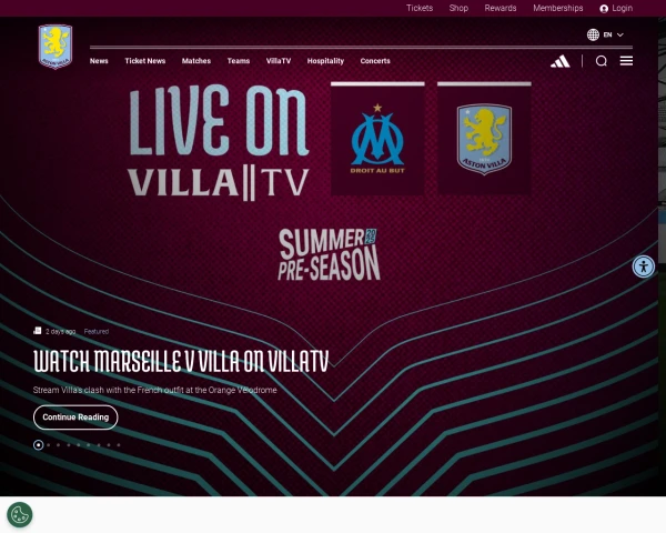 screenshot of Aston Villa FC website