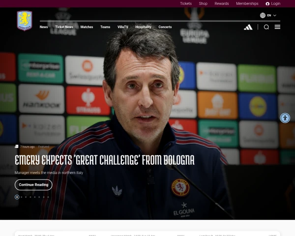 screenshot of Aston Villa FC website
