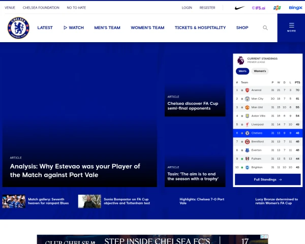 screenshot of Chelsea FC website