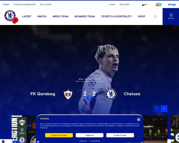 screenshot of Chelsea FC website
