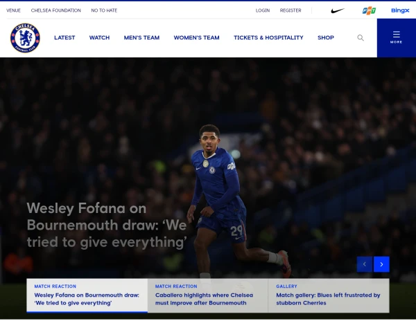 screenshot of Chelsea FC website