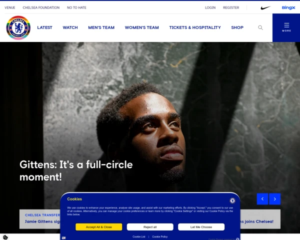 screenshot of Chelsea FC website