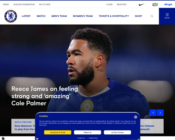 screenshot of Chelsea FC website