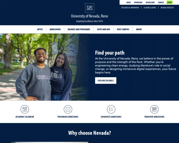 screenshot of University of Nevada Reno website