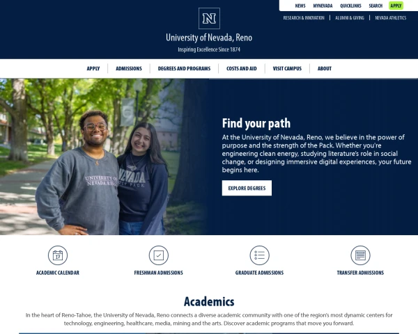screenshot of University of Nevada Reno website