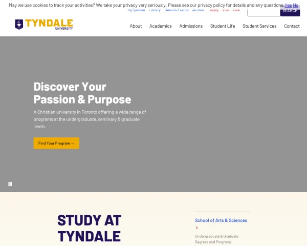screenshot of Tyndale University website