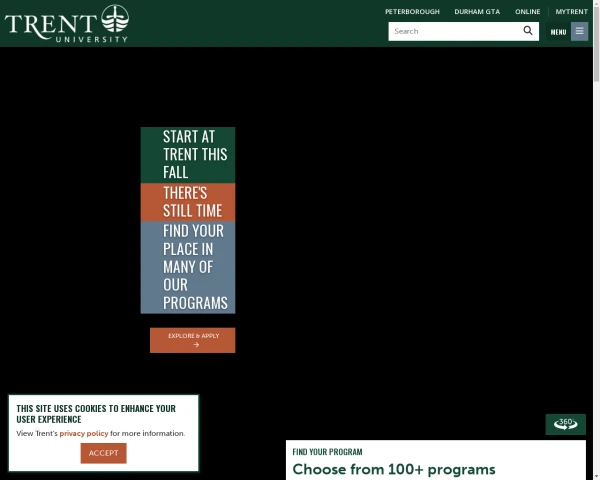 screenshot of Trent University website