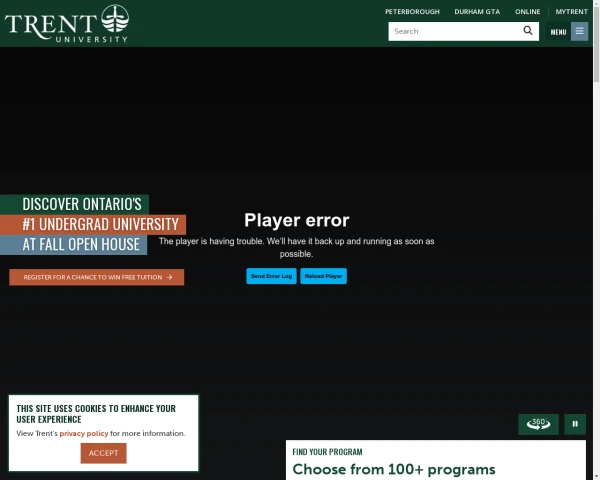 screenshot of Trent University website